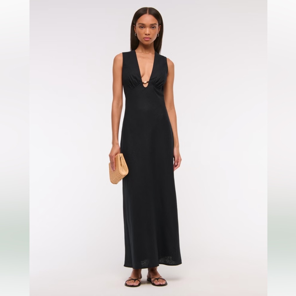 Abercrombie and Fitch Beaded Plunge Linen-Blend Maxi Dress
